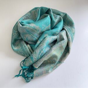 Teal Paisley PASHMINA Scarf Boho Festival Shawl Wrap Soft Tassel Oversized